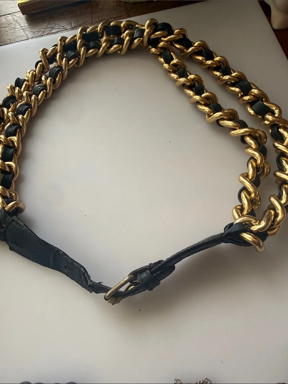 Made in Italy Neiman Marcus Gold-Tone Chain with Black Leather Weave Strap Belt